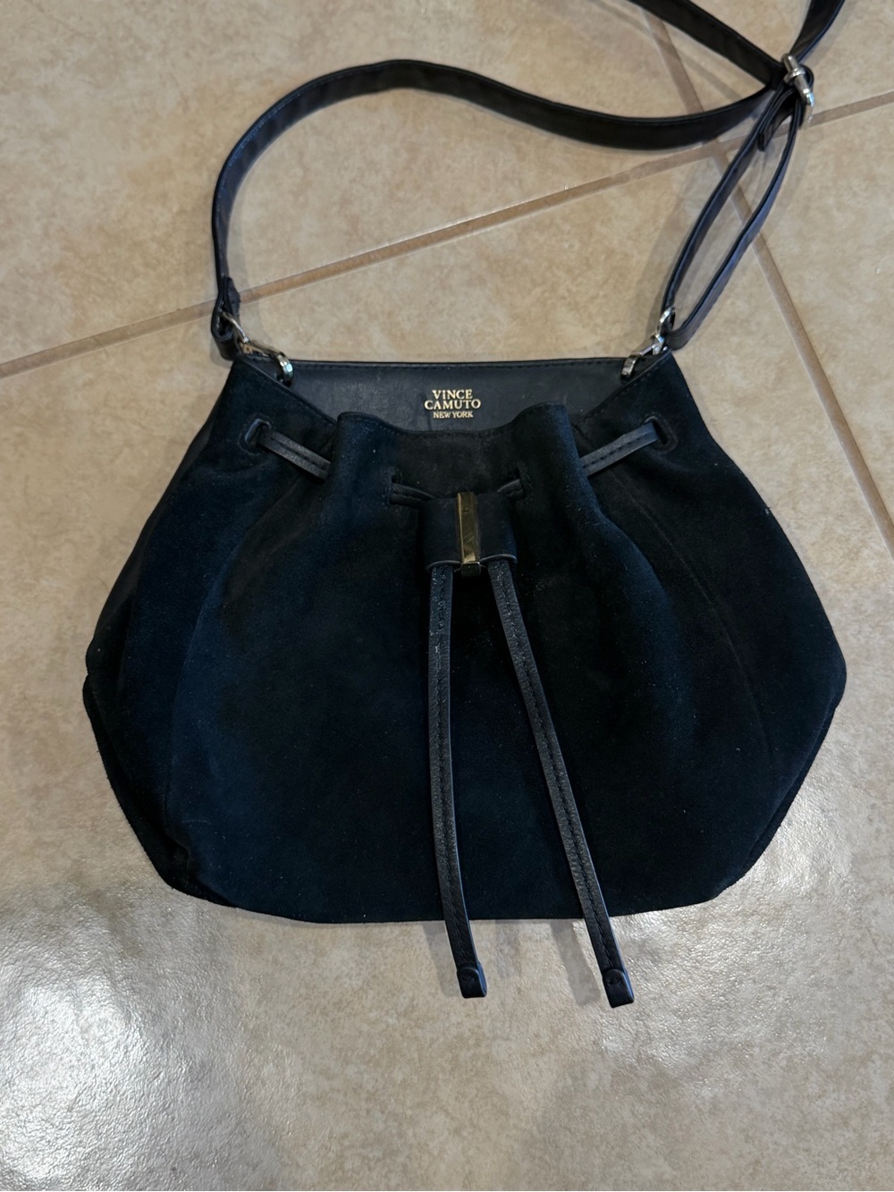Vince Camuto Black Suede Drawstring Shoulder Hobo